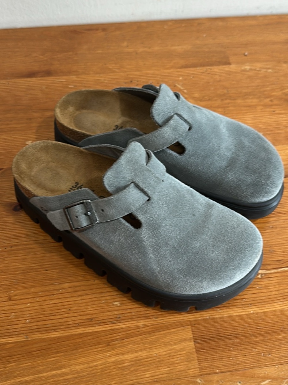 Papillio Gray Suede Buckle Clog Mule with Black Lug Sole - Picture 3 of 9